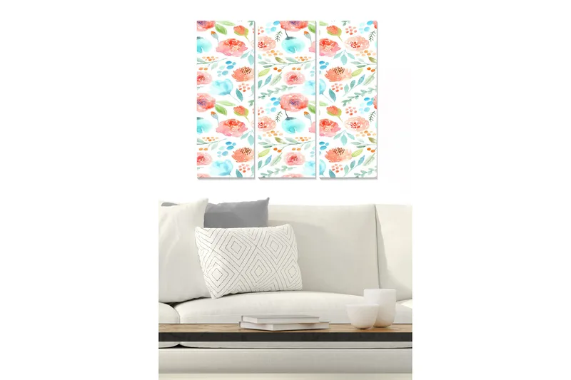 Trelerret 3-delt 50x70 cm - Fargerik komposisjon av blomster og blader, Rosa / Blå / Grønn