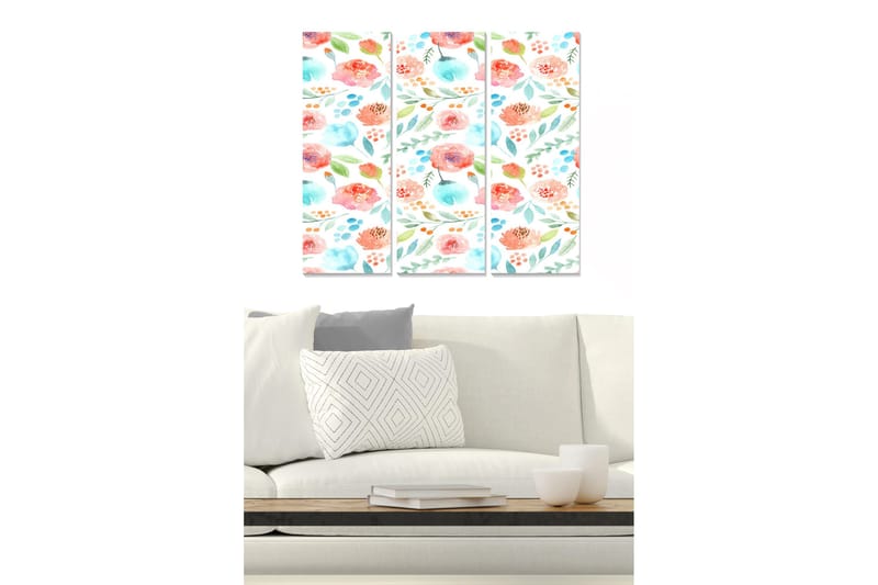 Trelerret 3-delt 50x70 cm - Fargerik komposisjon av blomster og blader, Rosa / Blå / Grønn
