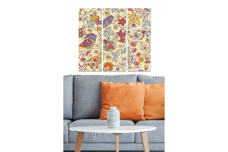 Trelerret 3-delt 50x70 cm - Fargerik komposisjon av blomster og fugler, Lys gul / Rød / Blå