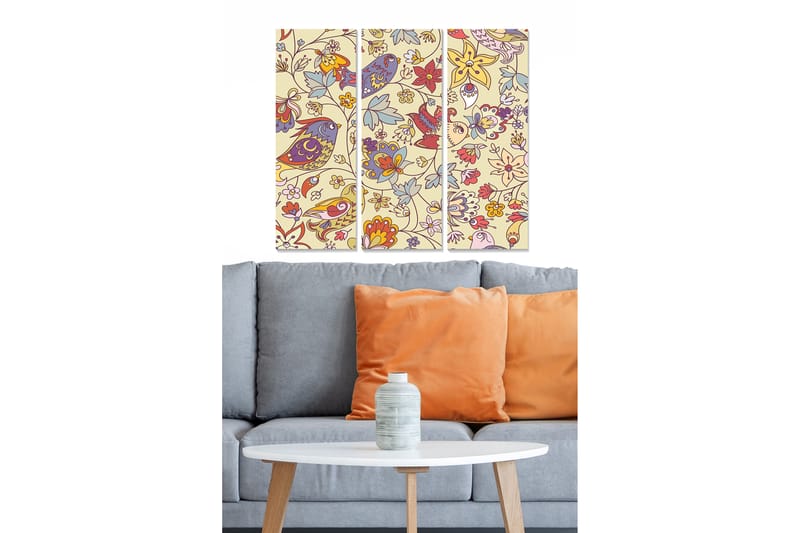 Trelerret 3-delt 50x70 cm - Fargerik komposisjon av blomster og fugler - Lys gul / Rød / Blå - Innredning - Bilder & kunst - Lerretsbilder