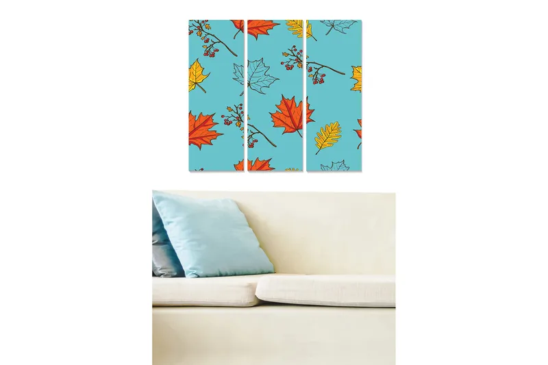 Trelerret 3-delt 50x70 cm - Fargerik komposisjon av høstblader på blå bakgrunn, Blå / Rød / Gul