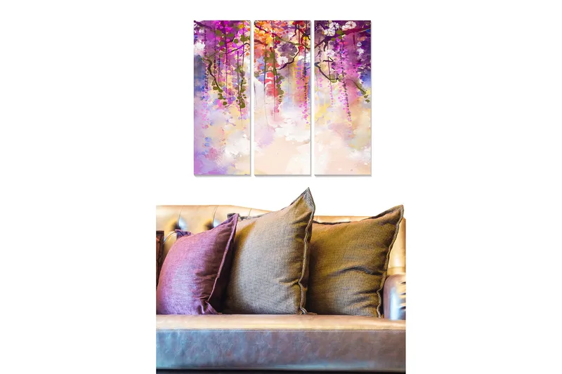 Trelerret 3-delt 50x70 cm - Fargerik komposisjon av hengende blomster - Lilla / Rosa / Grønn - Innredning - Bilder & kunst - Lerretsbilder