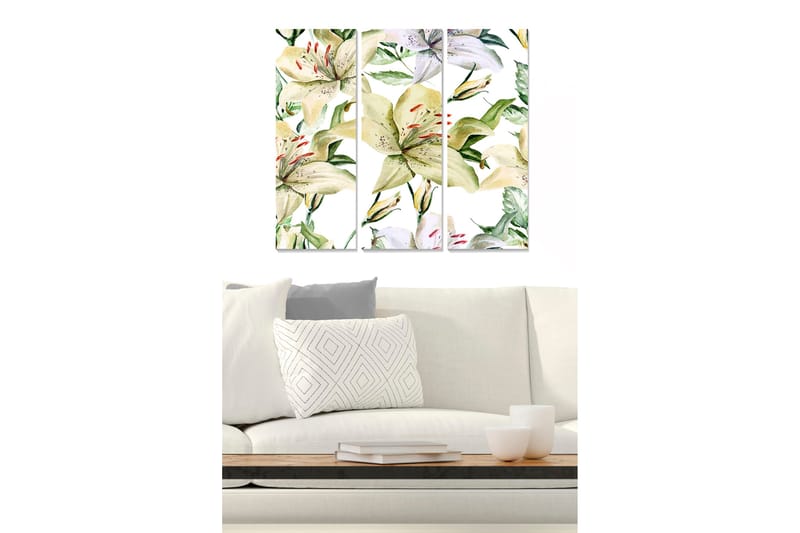Trelerret 3-delt 50x70 cm - Fargerik komposisjon av liljer og grønne blader, Grønn / Hvit / Gul