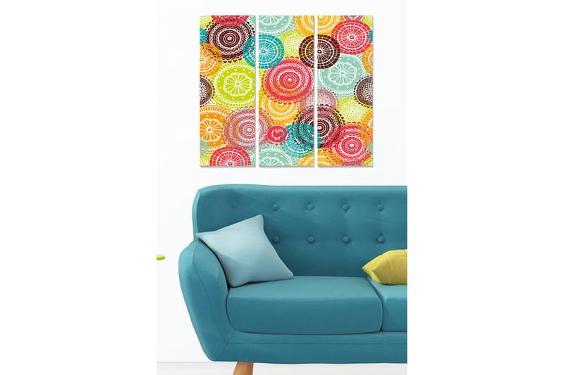 Trelerret 3-delt 50x70 cm - Fargerik komposisjon av sirkler og mønstre, Rød / Grønn / Turkis