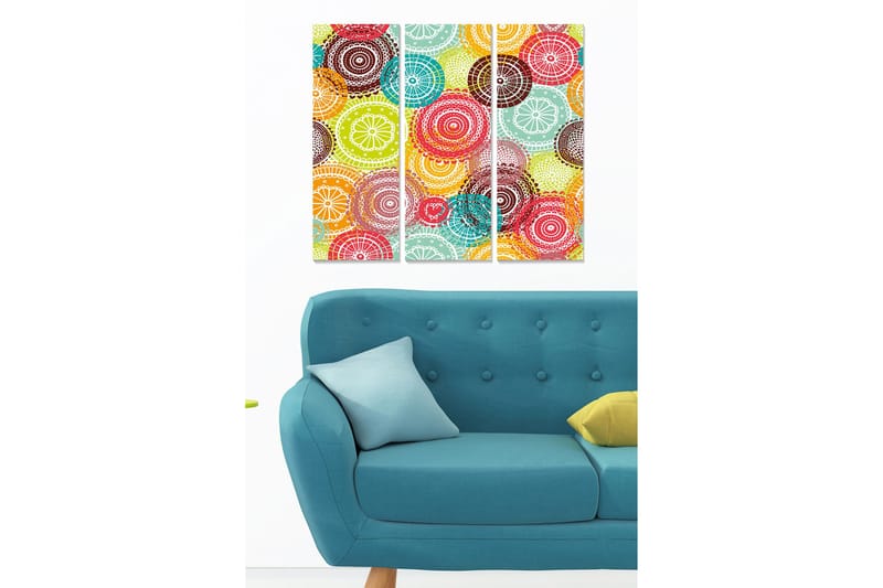 Trelerret 3-delt 50x70 cm - Fargerik komposisjon av sirkler og mønstre, Rød / Grønn / Turkis