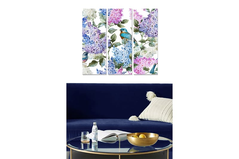 Trelerret 3-delt 50x70 cm - Fargerik komposisjon av syriner og fugler, Lilla / Blå / Grønn