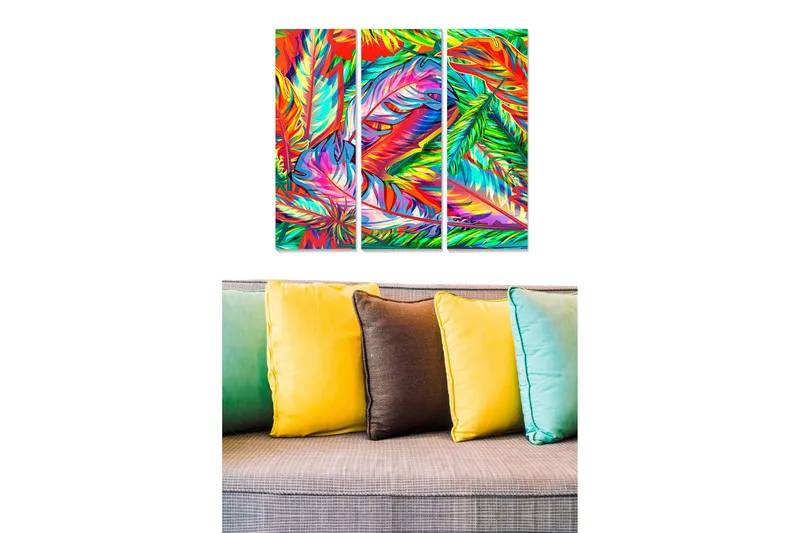 Trelerret 3-delt 50x70 cm - Fargerik komposisjon av tropiske blader og fjær, Grønn / Rød / Blå