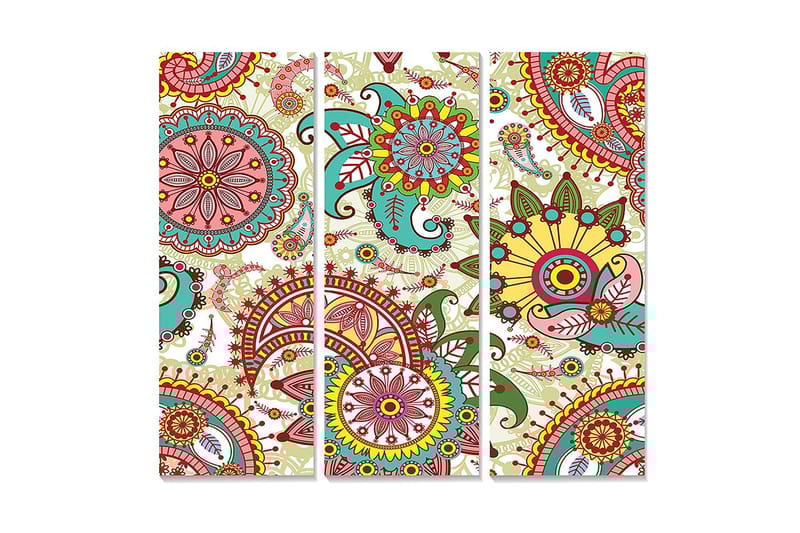 Trelerret 3-delt 50x70 cm - Fargerik mandala med blomster og spiraler, Rød / Grønn / Gul