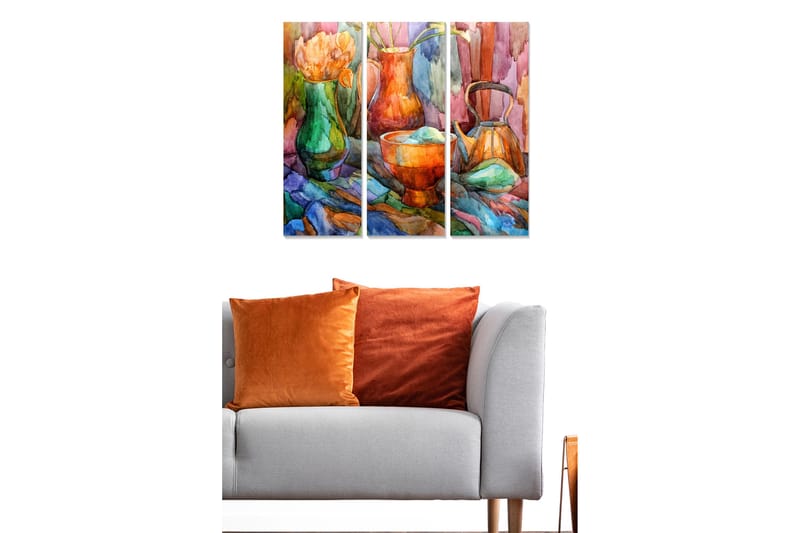 Trelerret 3-delt 50x70 cm - Fargerik stilleben med blomster og keramiske gjenstander - Grønn / Oransje / Blå - Innredning - Bilder & kunst - Lerretsbilder
