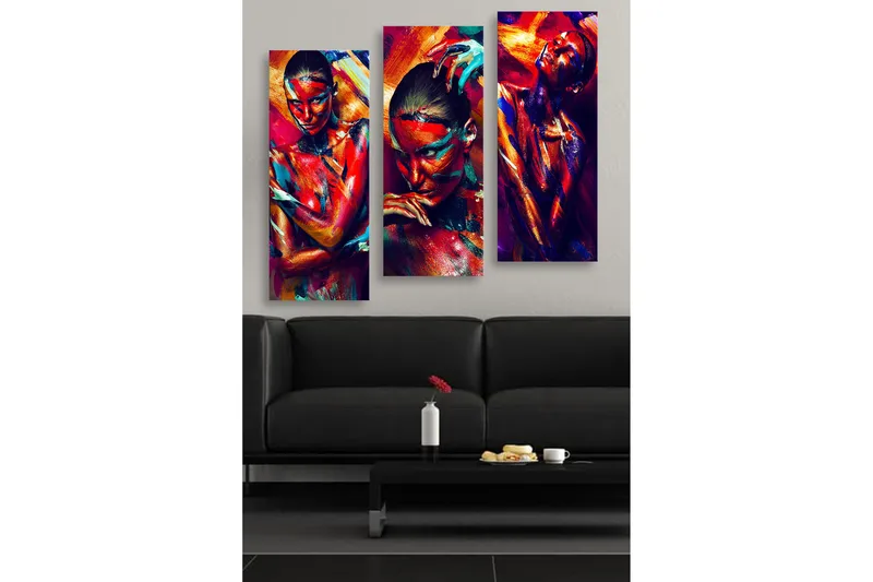Trelerret 3-delt 50x70 cm - Fargerik portrettserie av mennesker med uttrykksfulle ansiktsmalerier, Rød / Blå / Oransje