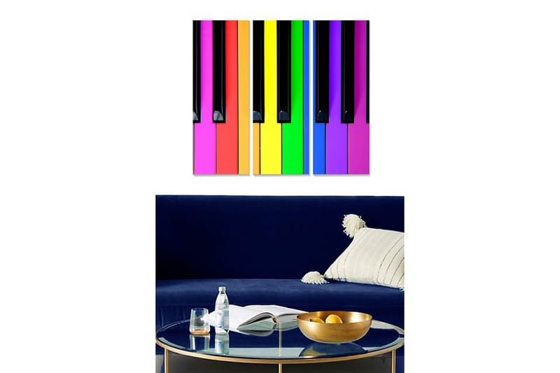 Trelerret 3-delt 50x70 cm - Fargerik pianokomposisjon, Lilla / Gul / Rosa