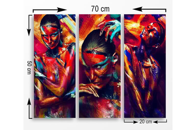 Trelerret 3-delt 50x70 cm - Fargerik portrettserie av mennesker med uttrykksfulle ansiktsmalerier - Rød / Blå / Oransje - Innredning - Bilder & kunst - Lerretsbilder