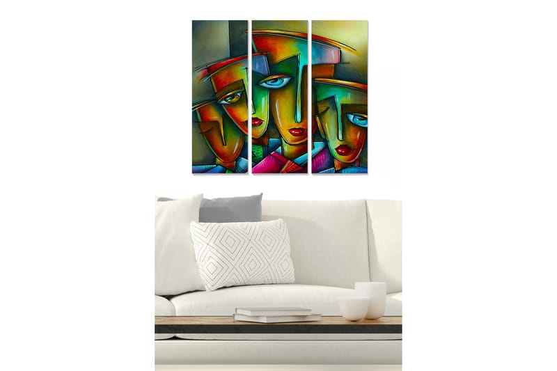 Trelerret 3-delt 50x70 cm - Fargerike ansikter med geometriske former, Rød / Grønn / Blå