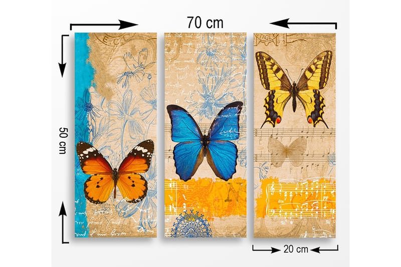 Trelerret 3-delt 50x70 cm - Fargerike sommerfugler i en kunstnerisk komposisjon - Blå / Oransje / Gul - Innredning - Bilder & kunst - Lerretsbilder