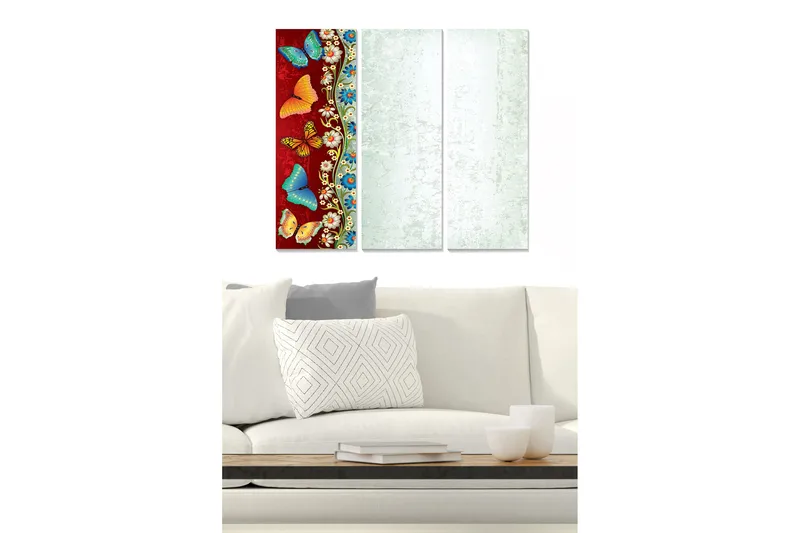 Trelerret 3-delt 50x70 cm - Fargerike sommerfugler på rød bakgrunn, Rød / Blå / Oransje