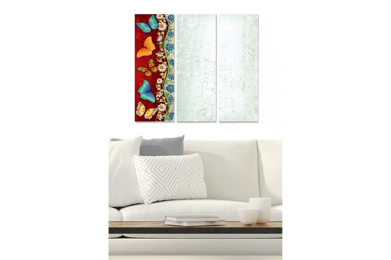 Trelerret 3-delt 50x70 cm - Fargerike sommerfugler på rød bakgrunn, Rød / Blå / Oransje