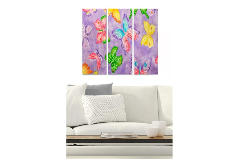 Trelerret 3-delt 50x70 cm - Fargerike sommerfugler på lilla bakgrunn, Lilla / Grønn / Rosa