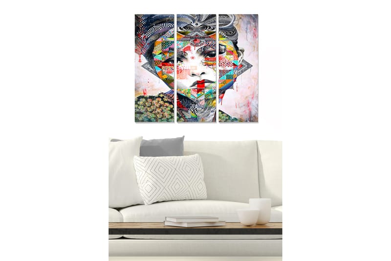 Trelerret 3-delt 50x70 cm - Fargerikt og geometrisk portrett av en kvinne, Rød / Grønn / Blå