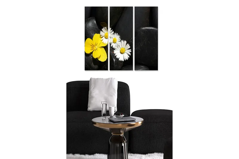 Trelerret 3-delt 50x70 cm - Gule og hvite blomster på svarte steiner, Gul / Hvit / Svart