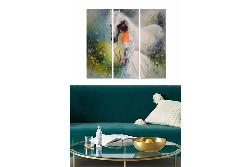 Trelerret 3-delt 50x70 cm - Jente med hest i et drømmende landskap, Hvit / Grønn / Gul