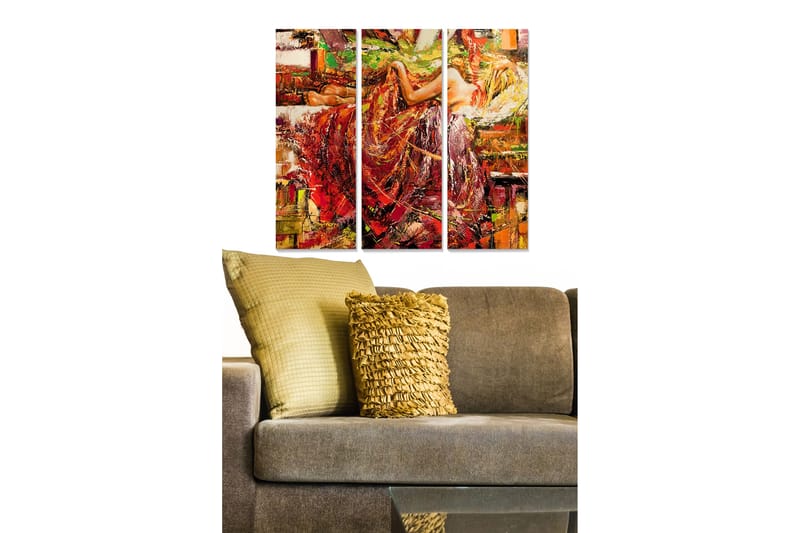 Trelerret 3-delt 50x70 cm - Kvinne i rød kjole i en levende og abstrakt komposisjon - Rød / Oransje / Gul - Innredning - Bilder & kunst - Lerretsbilder