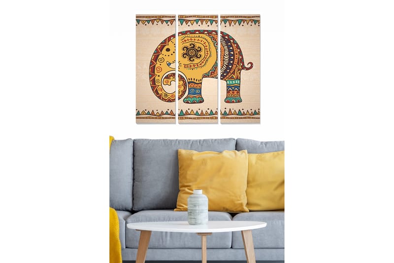 Trelerret 3-delt 50x70 cm - Mønstret elefant i sterke farger, Gul / Rød / Grønn
