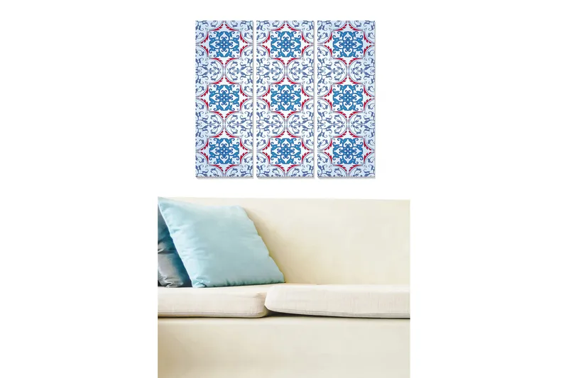 Trelerret 3-delt 50x70 cm - Mønstret panel med blå og røde ornamenter, Blå / Rød / Hvit