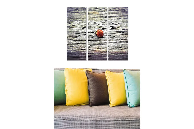 Trelerret 3-delt 50x70 cm - Marihøne på en treflate, Rød / Grå / Brun