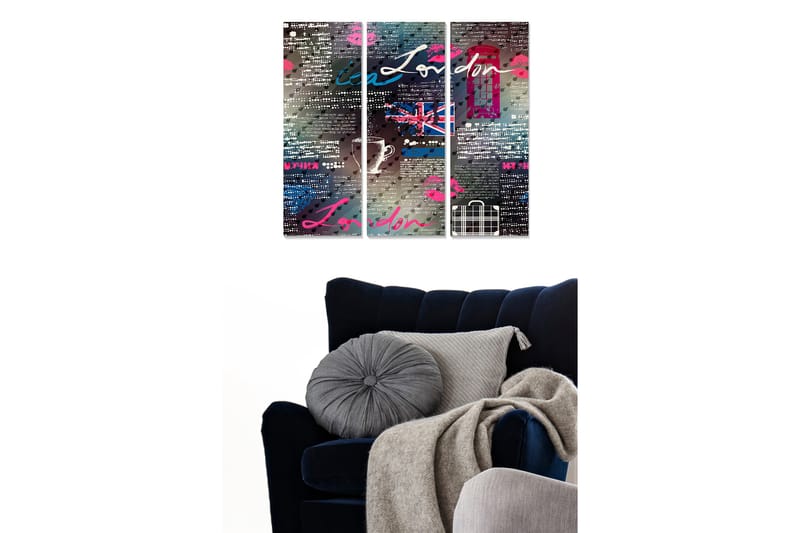 Trelerret 3-delt 50x70 cm - Moderne kunst med London-tema og grafiske elementer, Blå / Rosa / Grå