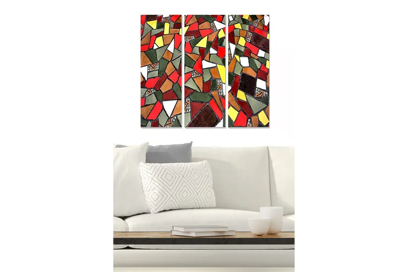 Trelerret 3-delt 50x70 cm - Mosaikkkomposisjon med grønne, gule og hvite former, Grønn / Rød / Hvit