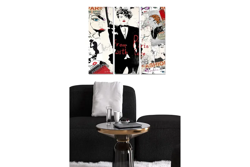 Trelerret 3-delt 50x70 cm - Moteinspirert kollasj med stiliserte ansikter og tekstfragmenter, Rød / Svart / Hvit