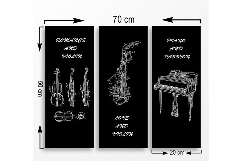 Trelerret 3-delt 50x70 cm - Musikkinstrumenter i skisseaktig stil - Svart / Hvit - Innredning - Bilder & kunst - Lerretsbilder