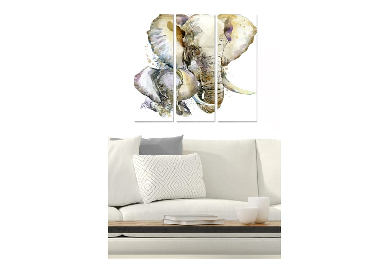 Trelerret 3-delt 50x70 cm - Mykt malt elefantportrett med kalv, Grå / Beige / Lys blå