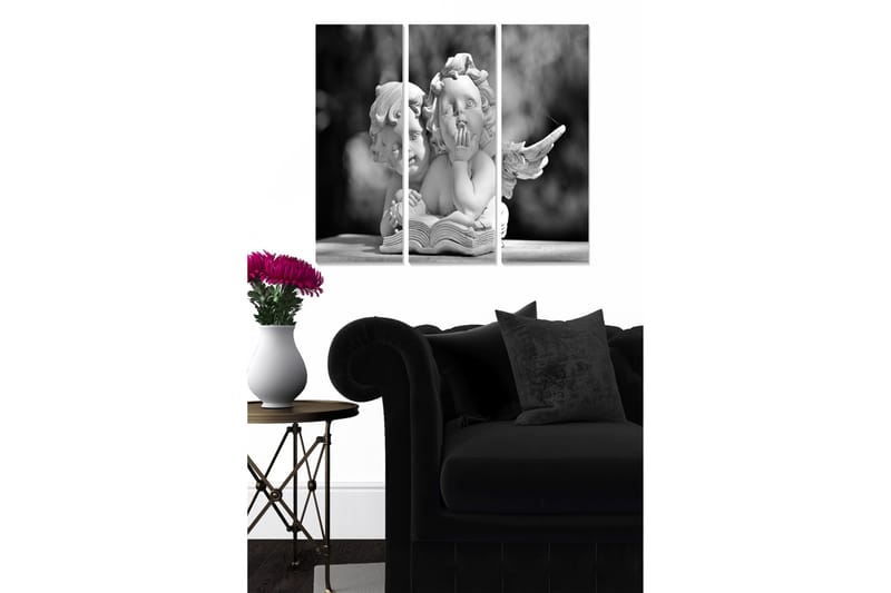 Trelerret 3-delt 50x70 cm - Skulptur av to engler som sitter sammen og blar i en bok, Hvit / Svart / Grå