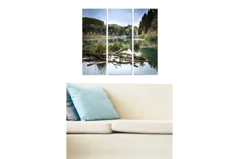 Trelerret 3-delt 50x70 cm - Speillignende innsjølandskap med trær og grøntområder, Grønn / Blå / Brun