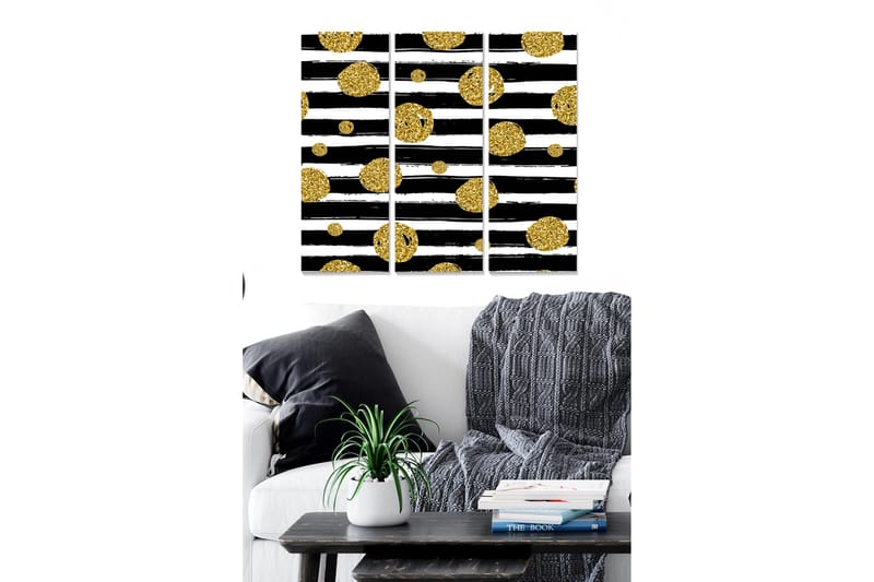 Trelerret 3-delt 50x70 cm - Svart-hvitt abstrakt komposisjon med gylne sirkler, Gull / Svart / Hvit