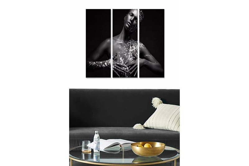 Trelerret 3-delt 50x70 cm - Svart-hvitt portrett av en kvinne med kunstnerisk kroppsmaling, Svart / Hvit