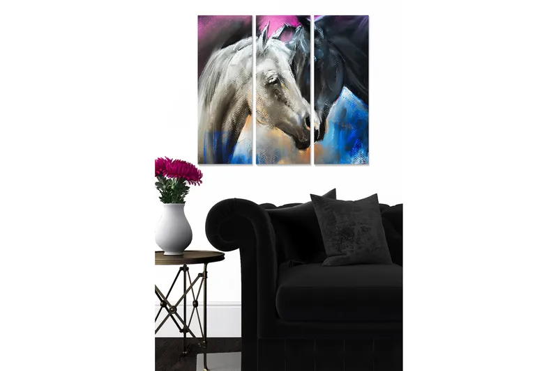 Trelerret 3-delt 50x70 cm - To hesteansikter i en dynamisk komposisjon, Svart / Hvit / Blå