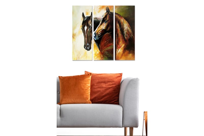 Trelerret 3-delt 50x70 cm - To hester i en intim og uttrykksfull komposisjon - Mørk brun / Oransje / Gul - Innredning - Bilder & kunst - Lerretsbilder