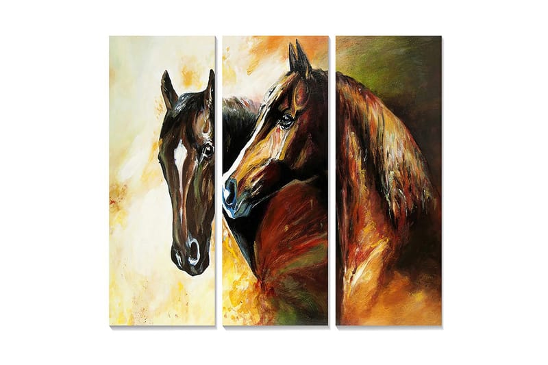 Trelerret 3-delt 50x70 cm - To hester i en intim og uttrykksfull komposisjon, Mørk brun / Oransje / Gul