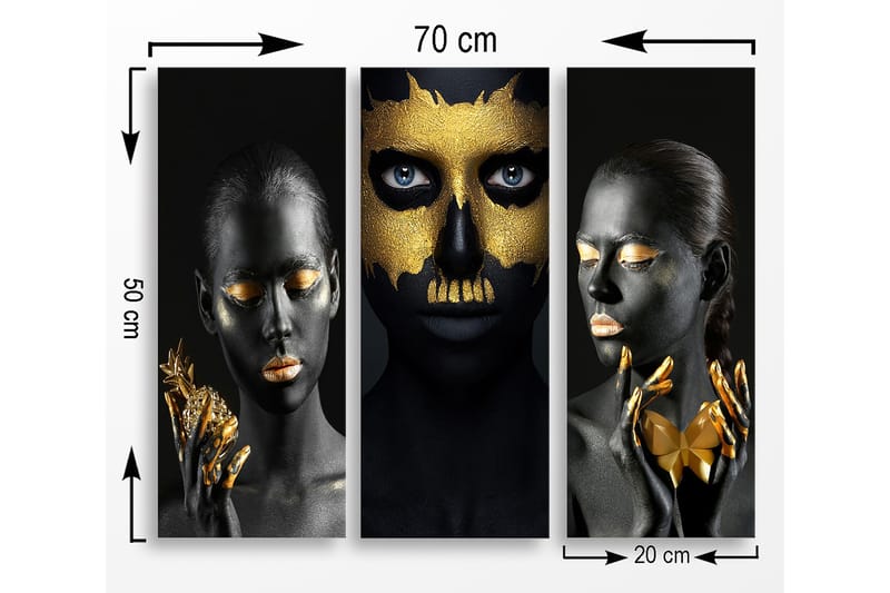 Trelerret 3-delt 50x70 cm - Tredelt portrettkomposisjon med ansikter i svart og gull - Svart / Gull - Innredning - Bilder & kunst - Lerretsbilder