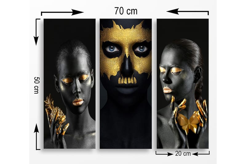 Trelerret 3-delt 50x70 cm - Tredelt portrettkomposisjon med ansikter i svart og gull - Svart / Gull - Innredning - Bilder & kunst - Lerretsbilder
