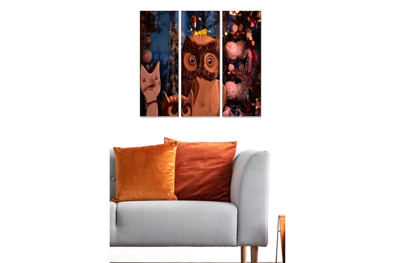 Trelerret 3-delt 50x70 cm - Treskulpturer av en katt og en ugle med store øyne - Brun / Beige / Hvit - Innredning - Bilder & kunst - Lerretsbilder