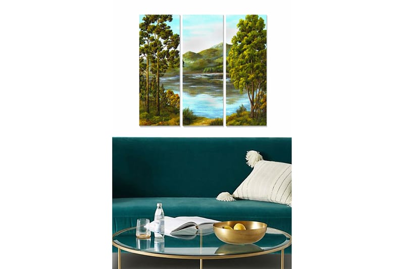 Trelerret 3-delt 50x70 cm - Vakkert landskapsmaleri med trær og speilblanke innsjøer, Grønn / Blå / Brun