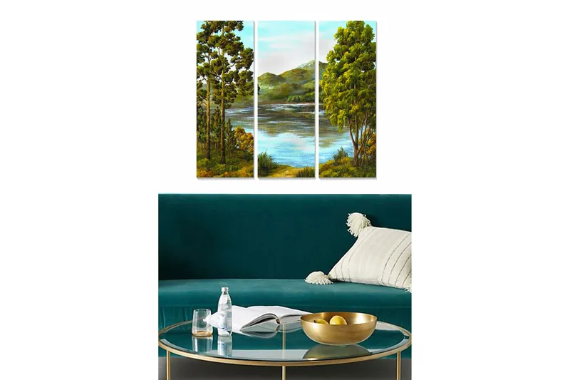 Trelerret 3-delt 50x70 cm - Vakkert landskapsmaleri med trær og speilblanke innsjøer, Grønn / Blå / Brun