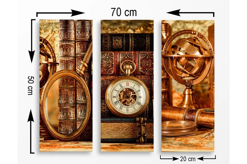 Trelerret 3-delt 50x70 cm - Vintage samling av bøker og klokker - Brun / Gull / Beige - Innredning - Bilder & kunst - Lerretsbilder