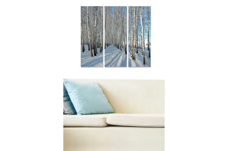 Trelerret 3-delt 50x70 cm - Vinterlandskap med bjørker i snødekte omgivelser, Hvit / Blå / Svart