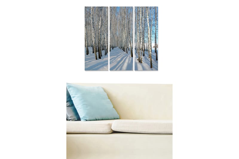 Trelerret 3-delt 50x70 cm - Vinterlandskap med bjørker i snødekte omgivelser, Hvit / Blå / Svart