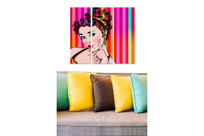 Trelerret 3-delt 50x70 cm - Pop art-portrett av en kvinne med fargerik bakgrunn, Rosa / Oransje / Turkis