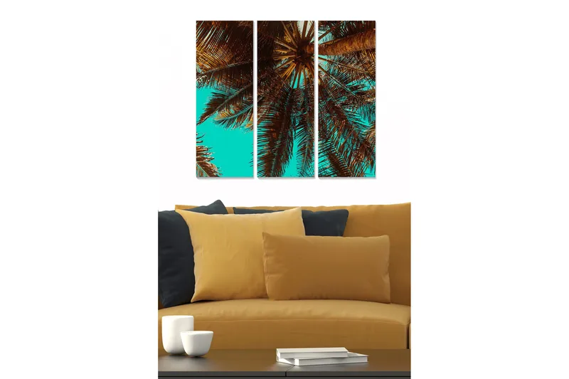 Trelerret 3-delt 50x70 cm - Palmeblader under en klar himmel, Turkis / Brun